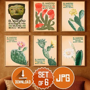 Set aus 6 El Maestro Kaktus Drucken | Mexikanische botanische Wandkunst Digitaler Download (HD) | Grünes Kaktus-Set für den Wohnraum-Deko!
