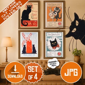 Vintage Cat Poster Set – 4 Art Nouveau Black Cat Prints | Retro Wall Art | Digital Download | French Poster Illustration