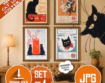 Vintage Cat Poster Set – 4 Art Nouveau Black Cat Prints | Retro Wall Art | Digital Download | French Poster Illustration