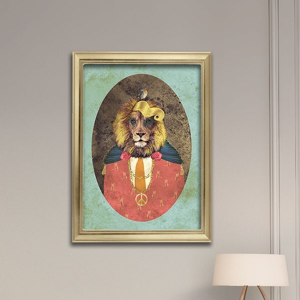 Dandy Jacques Lion Portrait, Art print, Wall art, Housewarming gift, Cool poster, Vintage style weird animal portrait,Moody maximalist decor