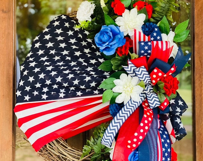 American Flag Wreath Floral Patriotic Independence Day Wall Front Door Decor, Memorial Day, 4th of July Decor, USA Decor, July 4th Wreath