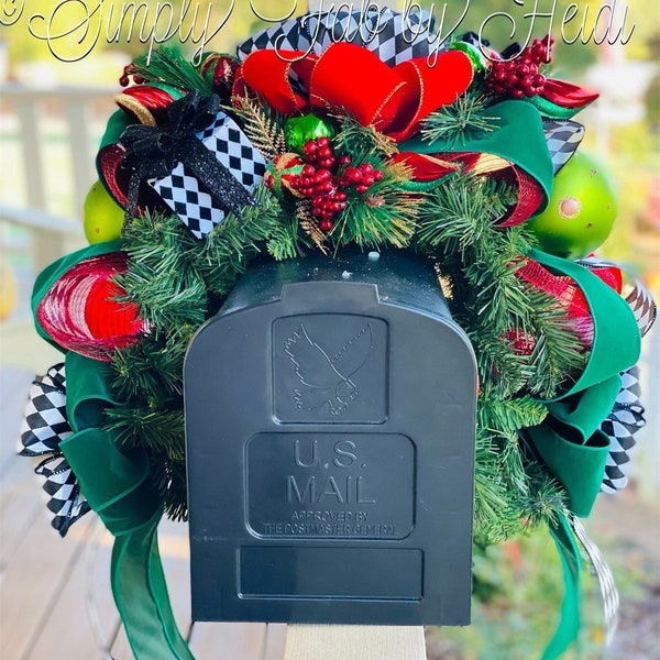 Christmas Mailbox, Christmas Mailbox Decor, Christmas Mailbox Swag, Harlequin Red Emerald Lime Christmas Mailbox Swag