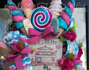 summer wreath, ice cream wreath, summer decor, summer door hanger, ice cream, ice cream decor, ice cream cone, summer, summer door decor