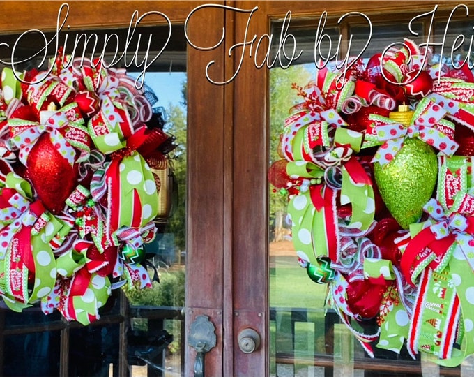 Double Door Whimsical Candy Land Christmas Wreath Holiday Wreath, Christmas Door Hanger, Large Wreath, Front Door Wreath, Red Lime Wreath