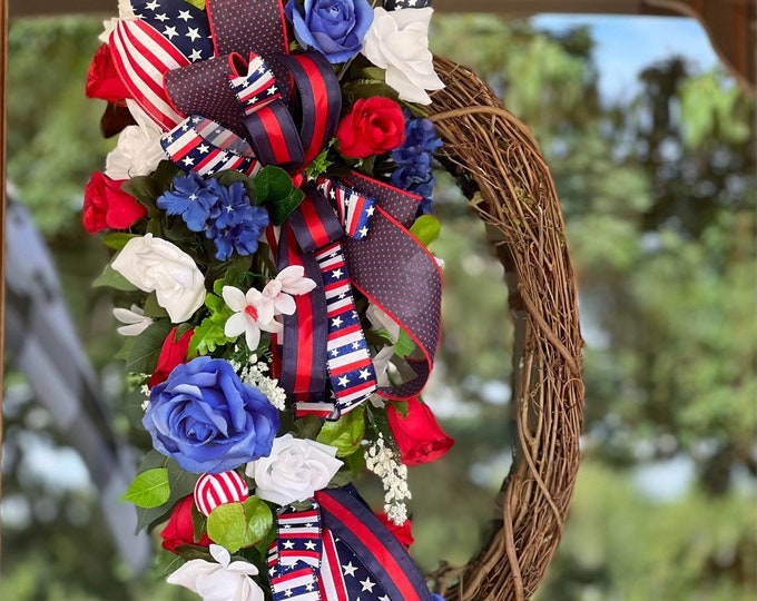 Patriotic Wreath for Front Door, Red White and Blue Porch Decor, Front Door Wreath, July 4th Wreath, Independence Day Decor, Gifts for Mom