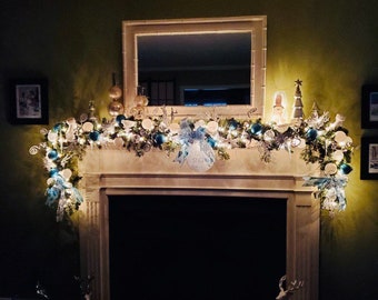 Light Up Winter Garland, Mantle Garland for Winter, Winter Mantle Decoration, Winter Garland, Staircase Garland, Winter Blue Silver White