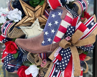 4th of July Wreath for Front Door, Patriotic Wreath for Front Door with Roses, Fourth of July Decor, Patriotic Decor, Red White Blue