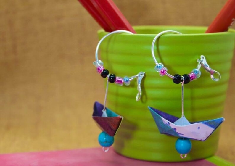 Joyeria hecho a mano-Pendientes de Origami-Pendientes de barco-Joyer\u00eda de plata-Pendientes azules-Pendientes amarillos-Pendientes grises-