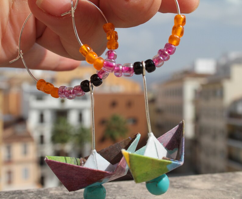 Joyeria hecho a mano-Pendientes de Origami-Pendientes de barco-Joyer\u00eda de plata-Pendientes azules-Pendientes amarillos-Pendientes grises-