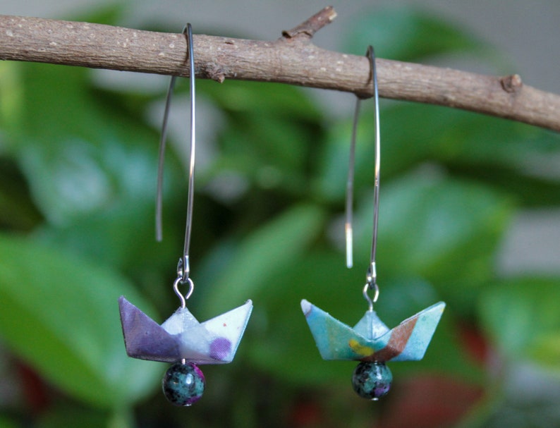 Joyeria hecho a mano-Pendientes de Origami-Pendientes de barco-Joyer\u00eda de plata-Pendientes azules-Pendientes amarillos-Pendientes grises-