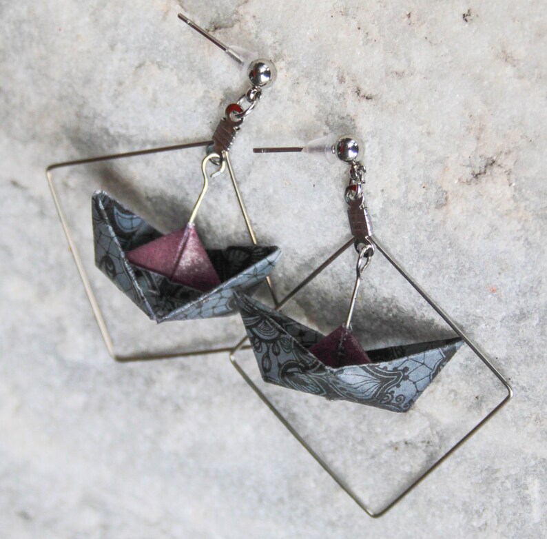 Joyeria hecho a mano-Pendientes de Origami-Pendientes de barco-Joyer\u00eda de plata-Pendientes azules-Pendientes amarillos-Pendientes grises-