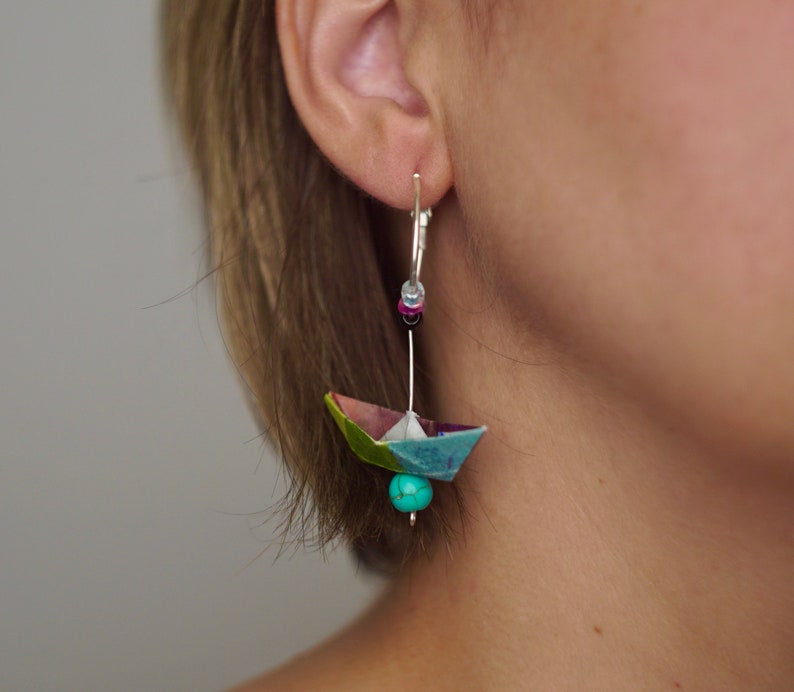 Joyeria hecho a mano-Pendientes de Origami-Pendientes de barco-Joyer\u00eda de plata-Pendientes azules-Pendientes amarillos-Pendientes grises-