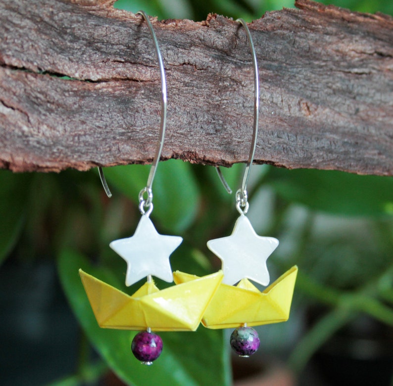 Joyeria hecho a mano-Pendientes de Origami-Pendientes de barco-Joyer\u00eda de plata-Pendientes azules-Pendientes amarillos-Pendientes grises-