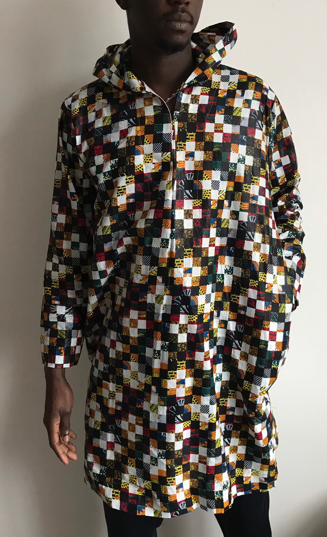 Image of Traditional African Mens Hooded Kaftan Men’S Ethnic Boubou Style Long Robe With Hood Hippy Clothing Size S/M