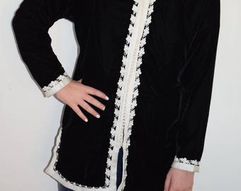 Stunning Bohemian luxury velvet Tunic Jacket with Nehru Collar Black Velour with white embroidered threads M