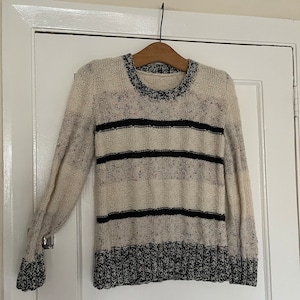 Women’s vintage hand knitted wool sweater vintage jumper women’s pullover fecked crew neck sweater for women cream & black sweater