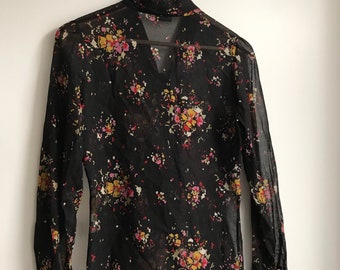 Reldan women’s beautiful semi sheer black blouse, women’s floral print vintage blouse , women’s vintage cotton blouse, long sleeved, uk8