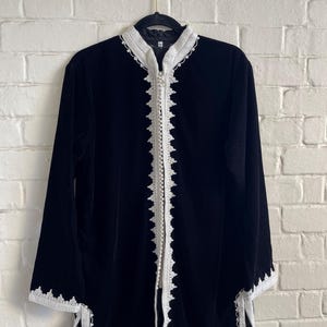 Bohemian Moroccan Black Velvet DusterJacket: Embroidered Nehru Collar, M