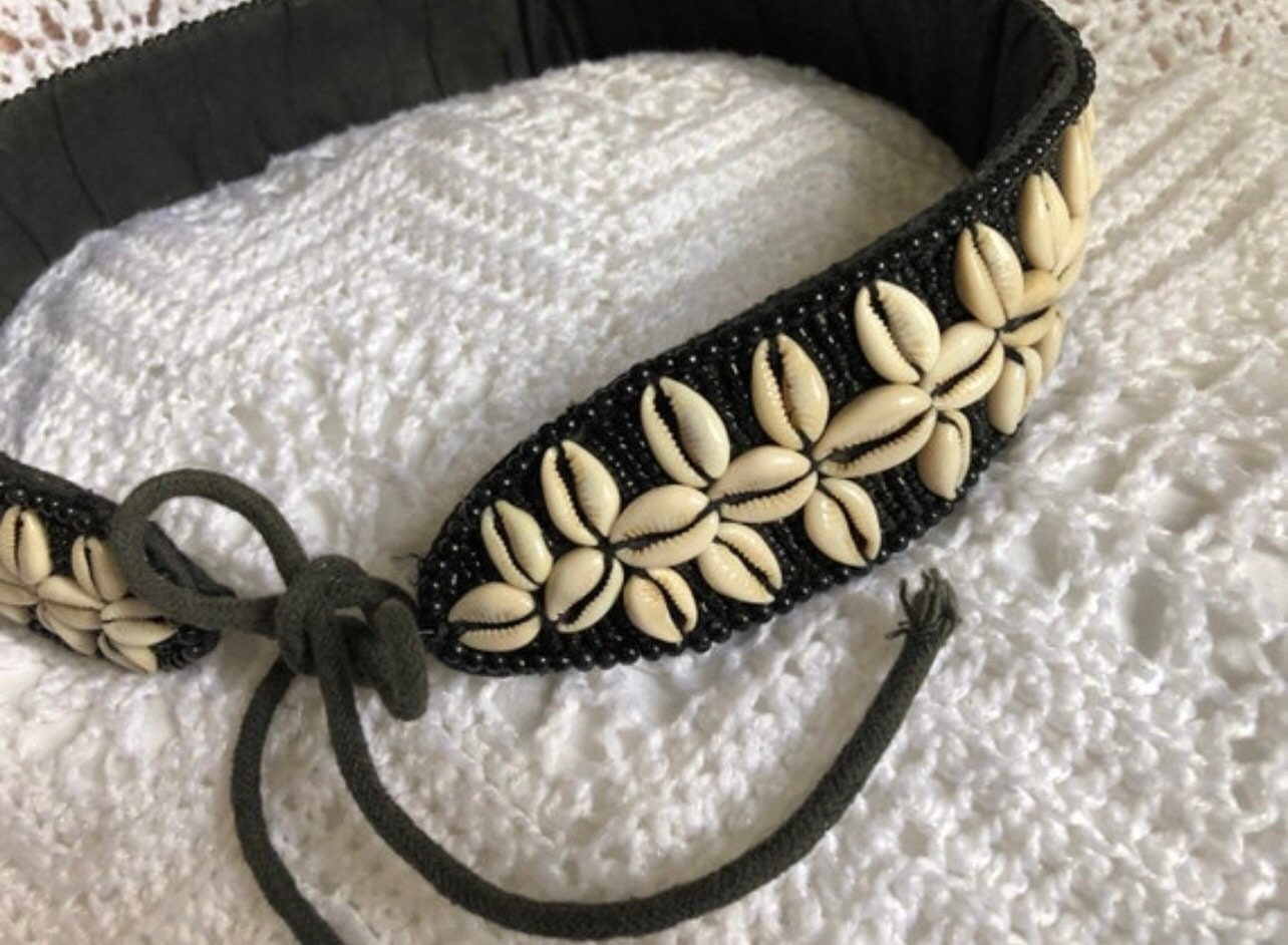 Hand Crafted,  Cowrie Shell, Black Beaded Tie Belt, Vintage 43.50\