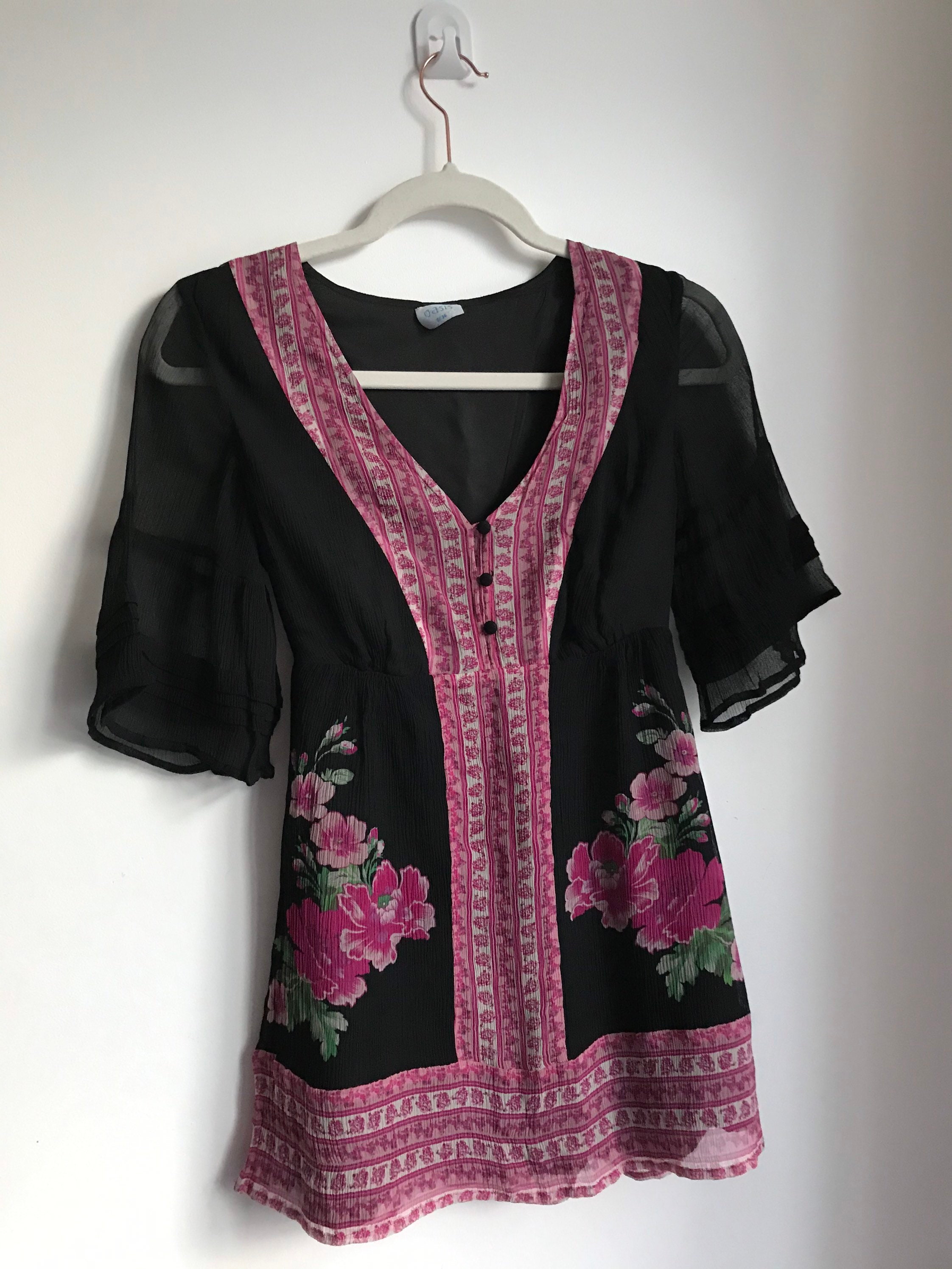 Image of Oasis Black Tunic Top, Oasis Beautiful Floral Print % Silk Tunic, Vintage Uk /Eur