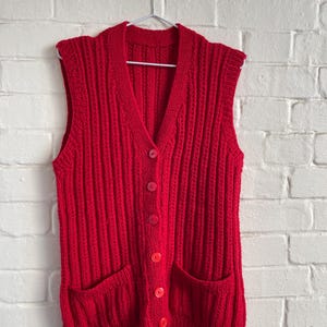 Vintage 80s Hand Knit Wool Vest: Red Chunky Knit Cardigan, Size S