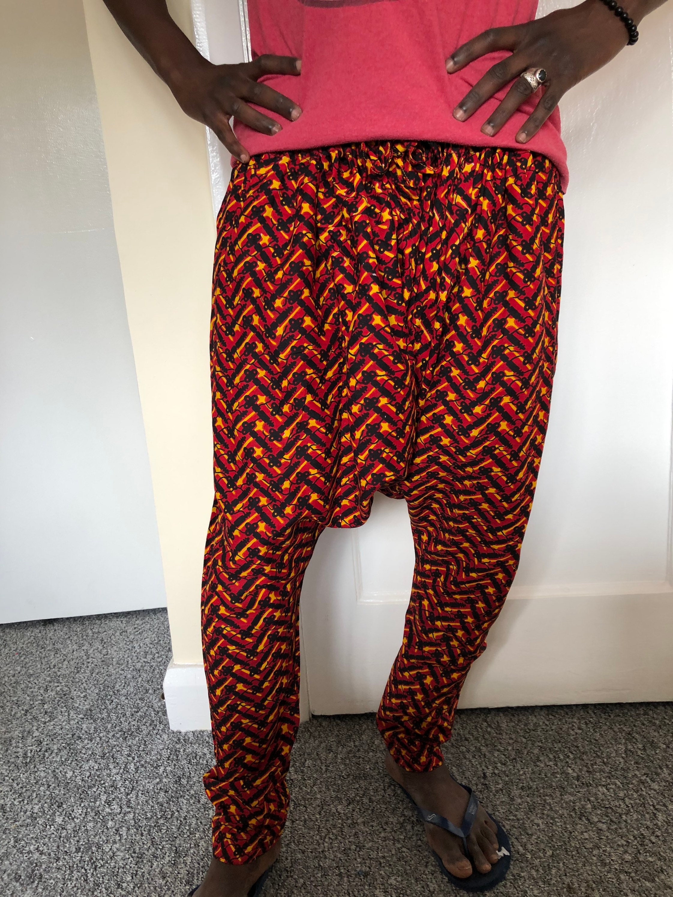 Image of West African Boho Baggy Harem Pants, Pants For Men, Aladdin Casual With Tie Waist, Pantaloon Africaine, Hippy Size Free