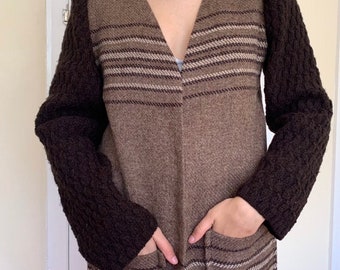 Vintage Dartington Hall Tweed Jacket, Brown Wool Knit Cardigan, UK 10