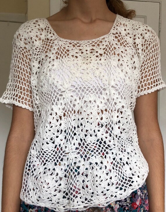 Vintage hand crochet top sweater women’s white la… - image 2