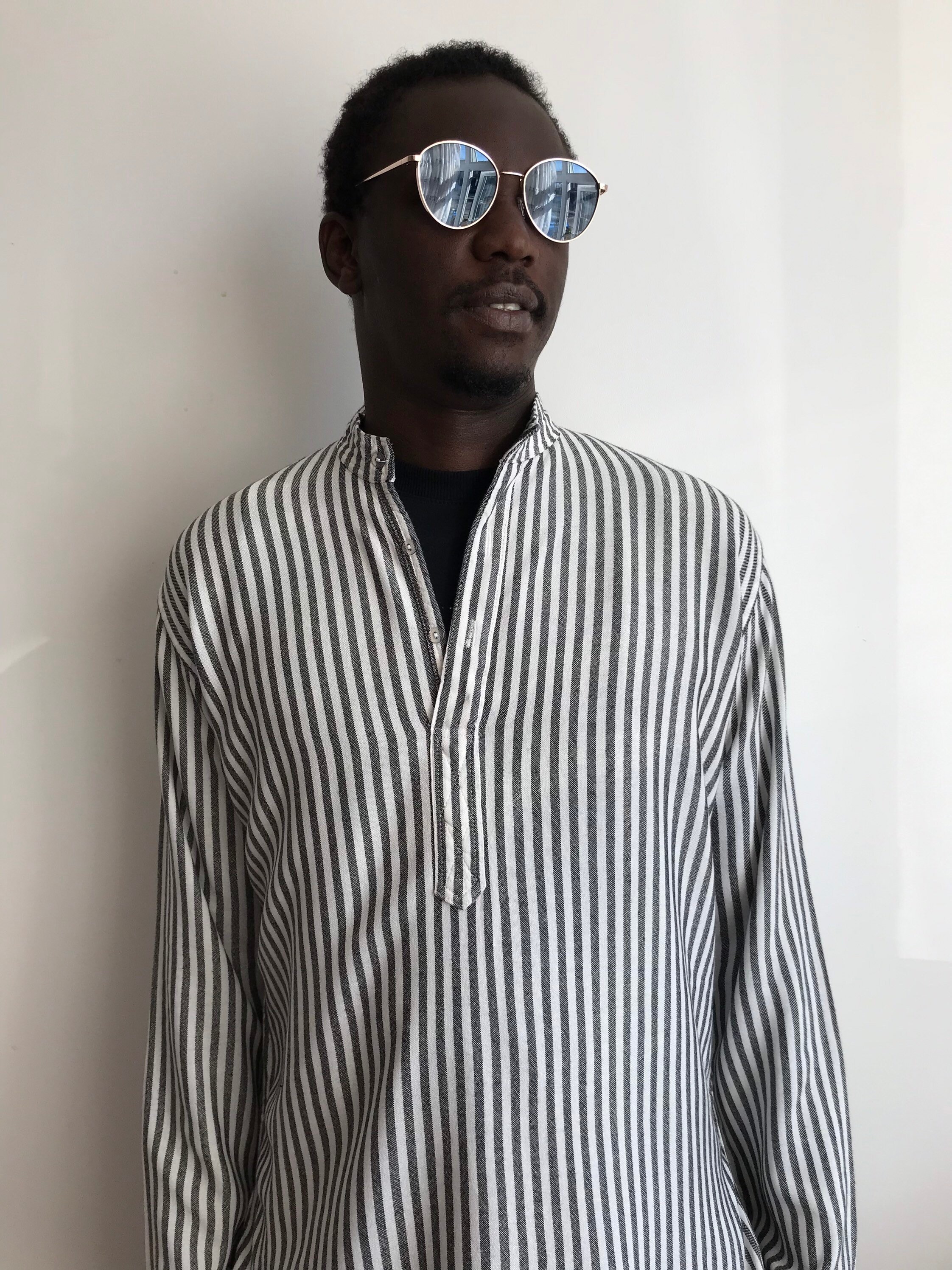 Image of Moroccan Men’S Tunic Black & White Mens Boho Hippy Top With Nehru Collar M