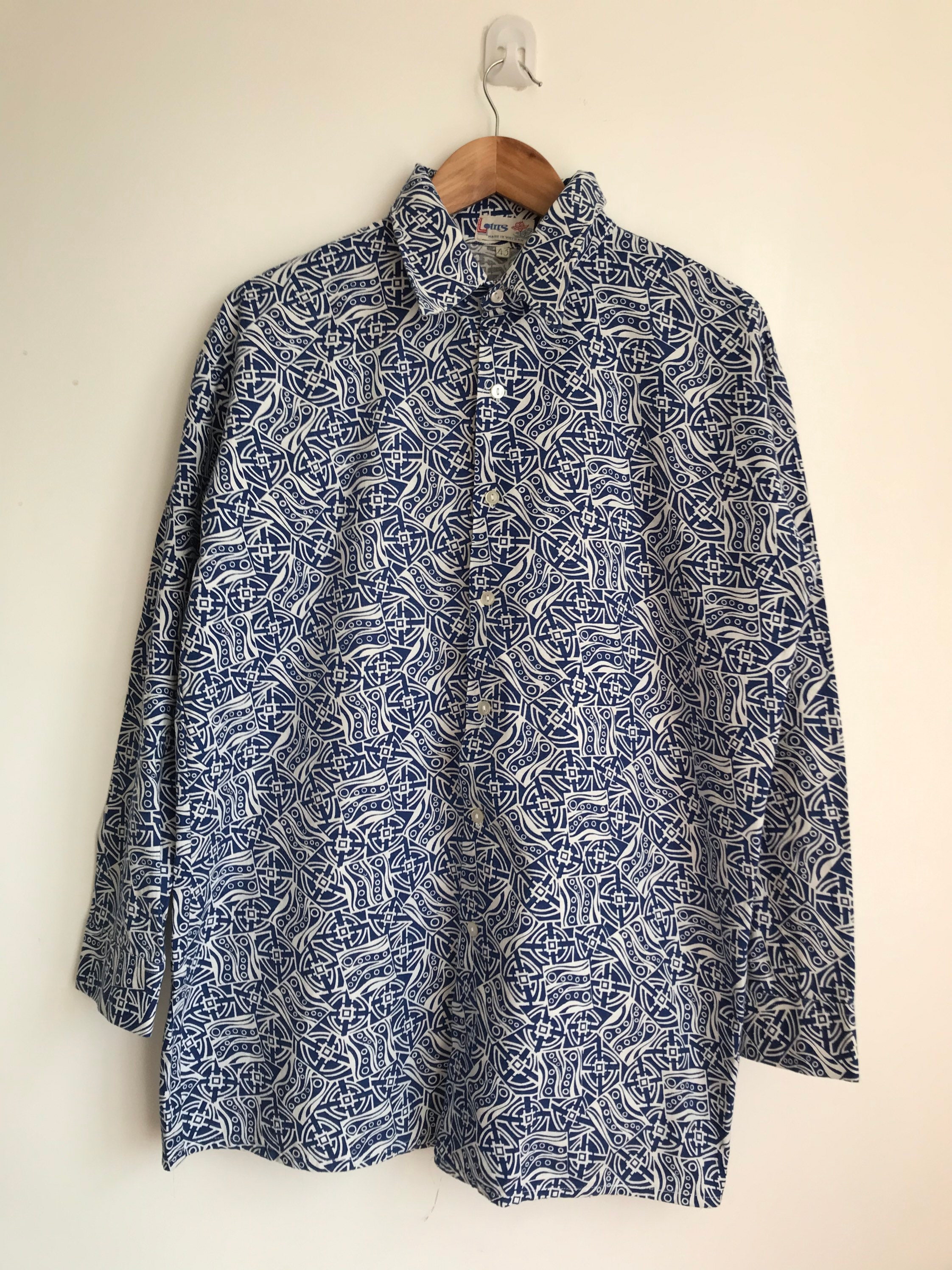 Image of Vintage 1970S Shirt Lotus Blue & White Mens Cotton Long Sleeve Button Down 70’S Shirt, Statement Size 43