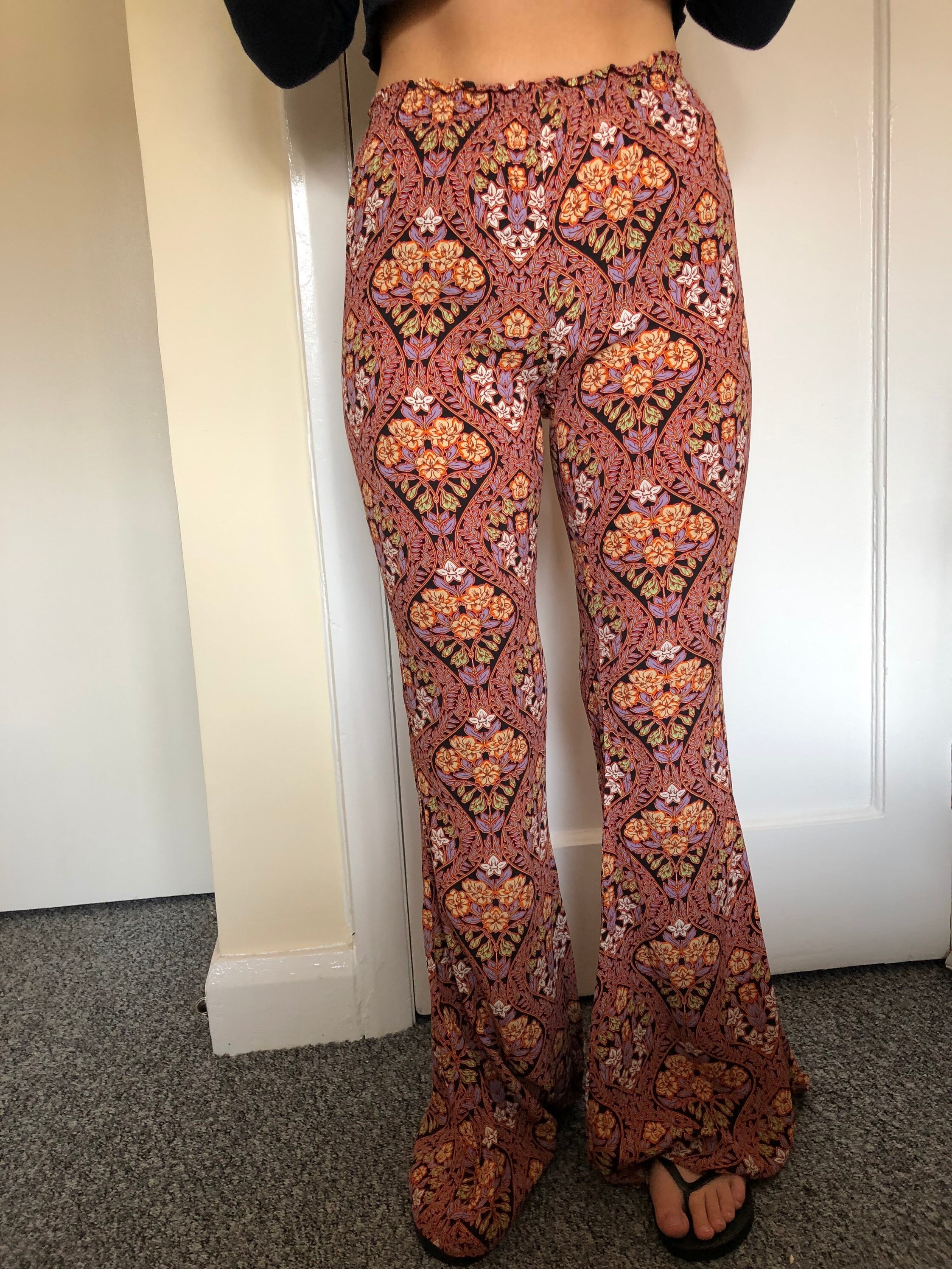 Image of So Beautiful Zara Floral Pattered Flared Pants/ Women’S Hippy Trousers/ Boho Pants/ Size S Uk /