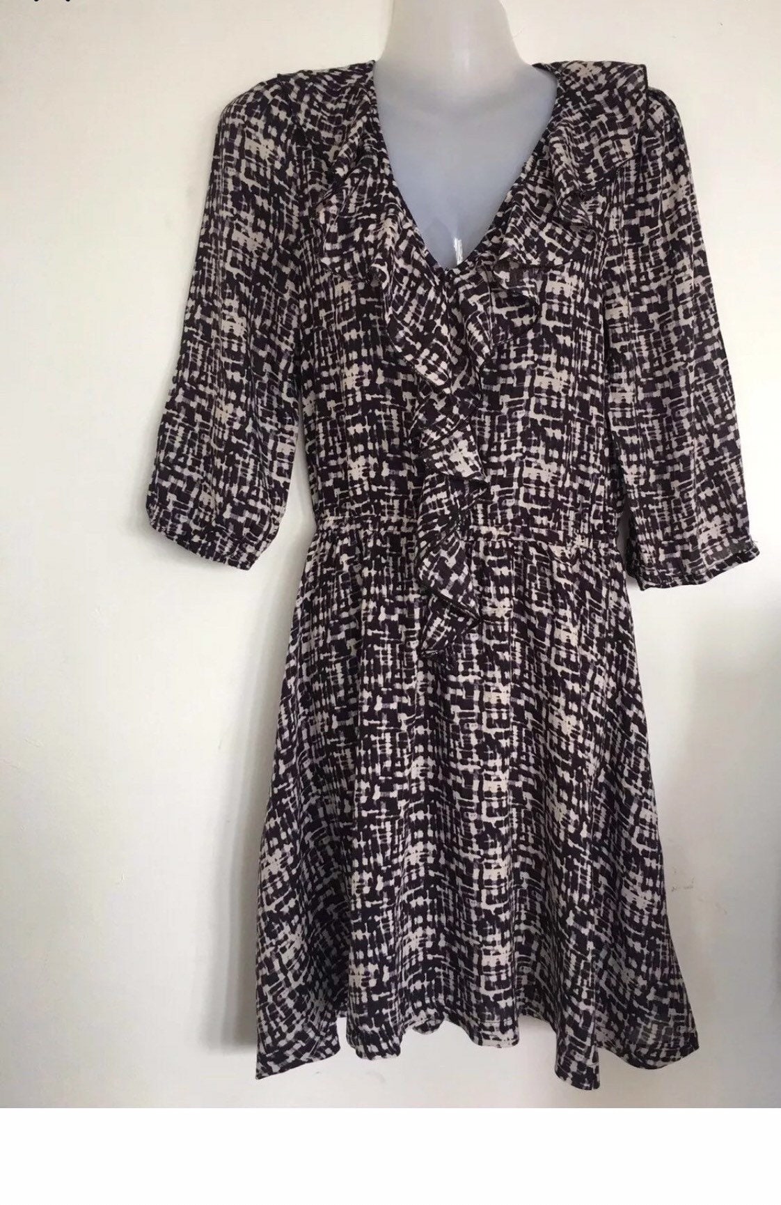 Image of Cute White & Indigo Blue Women’S Vintage Boho Tie Dye Print Ruffled Tea Dress Size Small Uk
