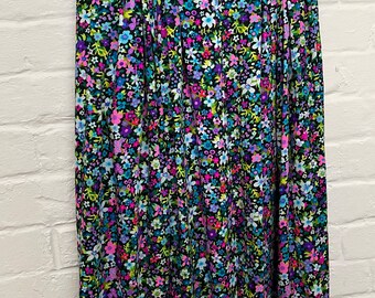 Vintage Handmade Floral Skirt | Hawaiian Print Cotton | Bright Multicolour Summer Skirt | High Waist Midi Skirt | UK 12–14