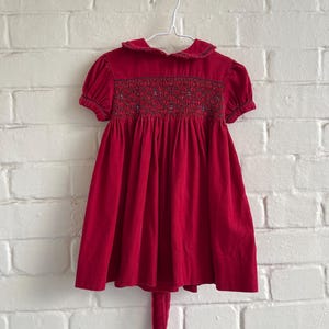 vintage Heskia baby girls dress smocked corduroy red hand smocked dress Peter Pan collar 90s Christmas toddler party dress 12-18 m