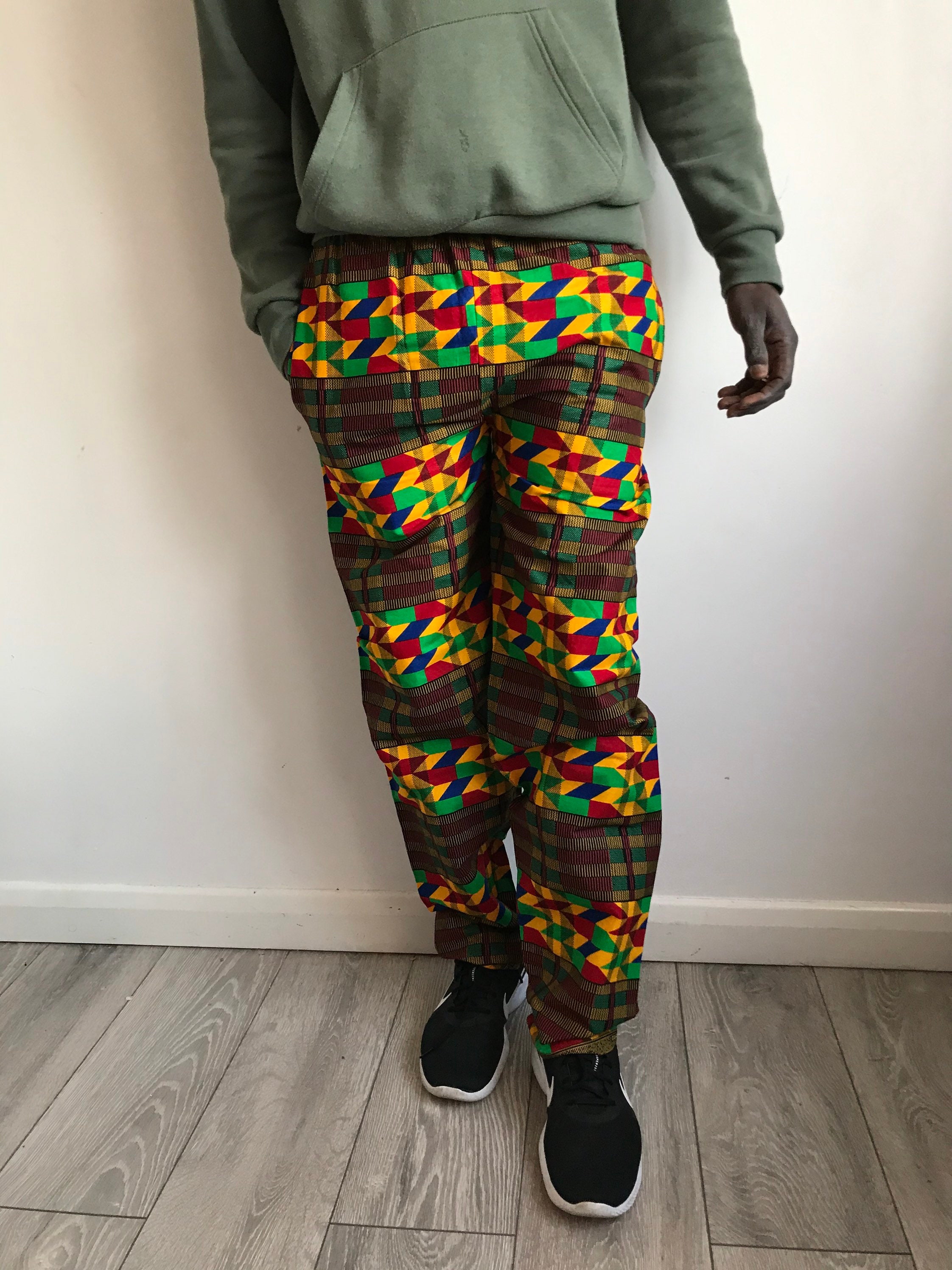 Image of African Wax Cotton Fabric Kente Print Handmade Men’S Jogger Pants Pantalon Africain Size Small