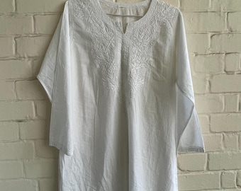 White Cotton Kaftan Dress: Hand Embroidered Boho Tunic Dress (M/L)