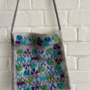 Embroidered wool shoulder bag handmade embroidered bag tote bag with plaited handles grey embroidered bag book bag Size M