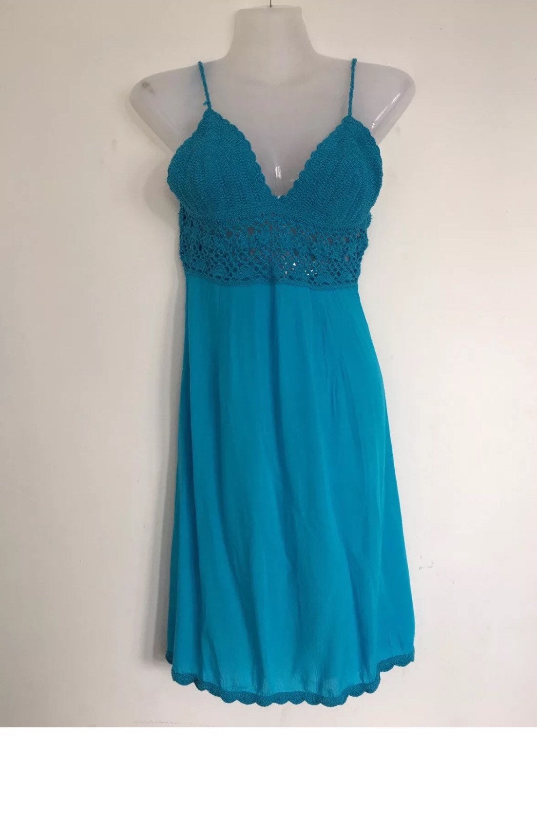 Image of Boho Hippy Summer Dress, Mexico Mini Crochet Bodice Ibiza Hippie Style Festival Boho Blue Beach Dress S