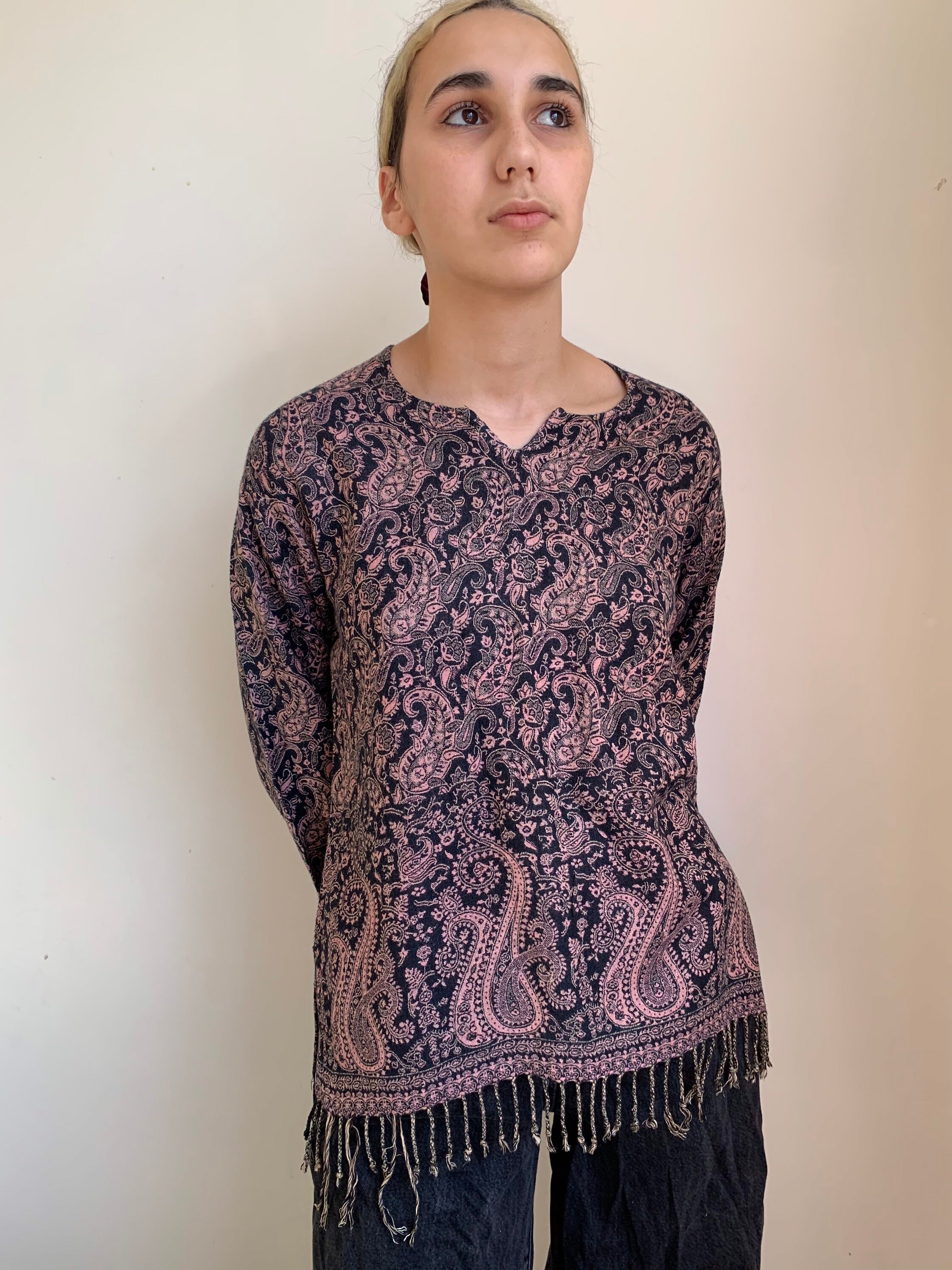 Image of Black &pink Boho Ladies Woven Tunic Top With Paisley Print & Tassels Size Uk