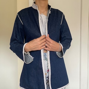 Handmade Moroccan Denim Jacket: 1970s Boho Hippie Kaftan, UK 8