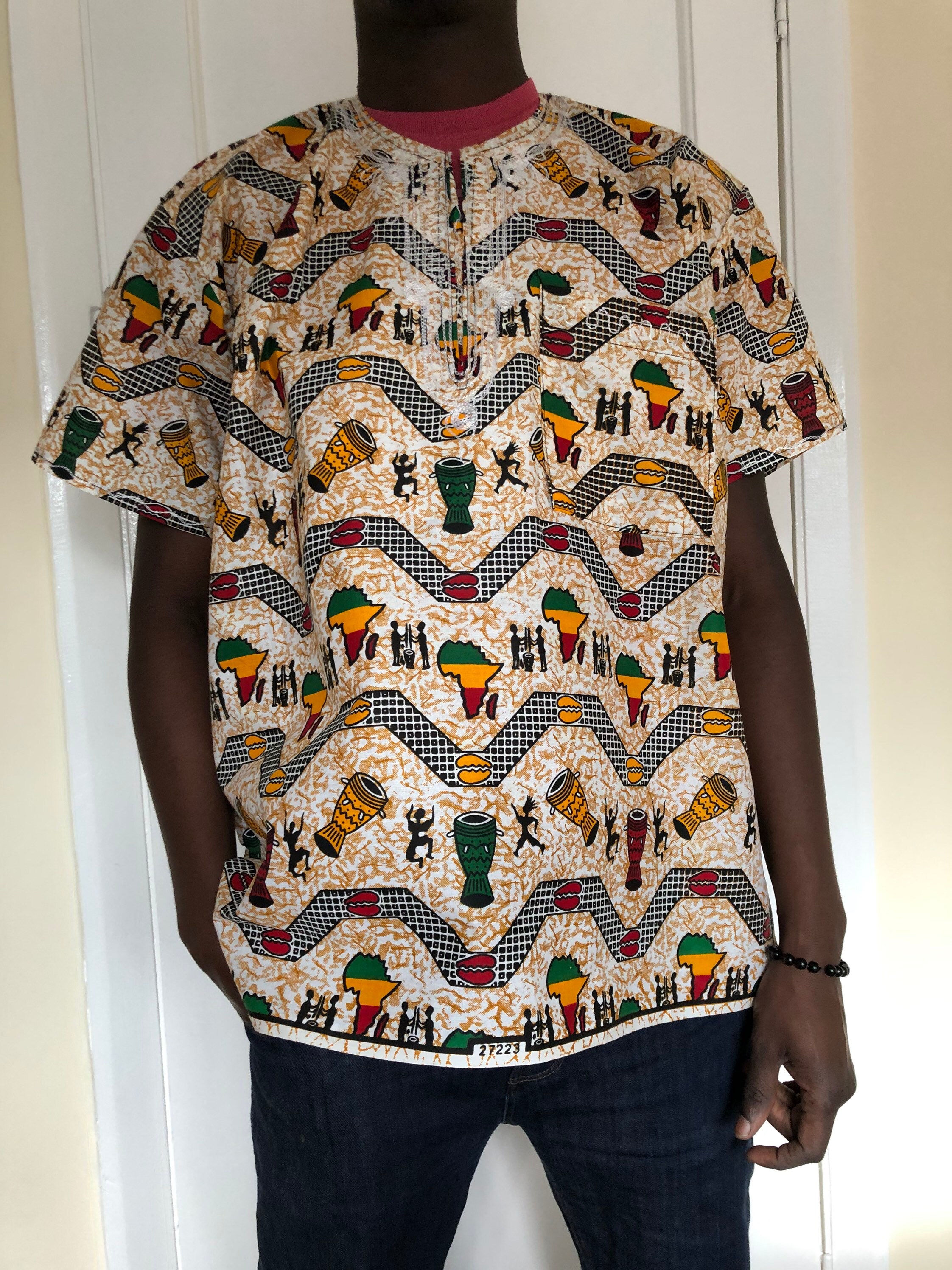 Image of Traditional African Mens Ethnic Embroidered Boubou, Kaftan Style Tunic Top & Matching Pants Called Pantalon Africain. Size M
