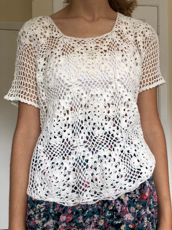 Vintage hand crochet top sweater women’s white la… - image 1