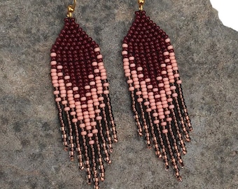 Burgundy Pink Ombre Fringe Earrings Boho Beaded Dangle Seed Bead Statement