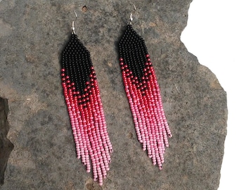 Black pink beaded earrings Gradient earrings Ombre earrings Pink fringe earrings Womens earrings Long dangle earrings Native earrings