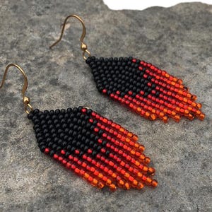 Ombre Beaded Fringe Earrings: Black Red Ruby Czech Seed Beads