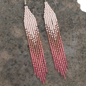 Copper Coral Bronze Salmon pink earrings Statement Ombre Dangle Native bead earrings Delicate Gradient Long Fringe Seed bead earrings