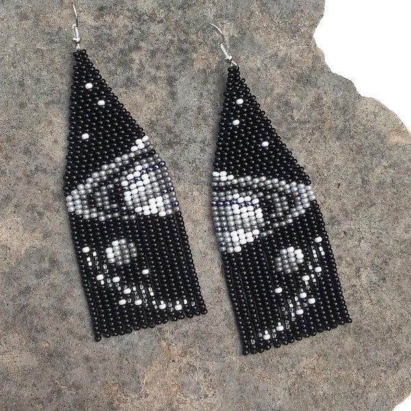 Saturn Planet Space Galaxy Unusual earrings Abstract Black gray Statement Seed bead earrings Universe Cosmos Stars earrings