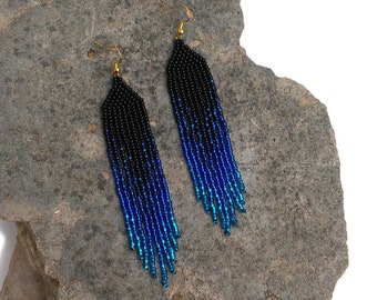 Navy blue Ombre Long dangle earrings Statement Dainty Elegant Gradient Sparkling Tribal Fringe earrings Gypsy Blue black Boho earrings