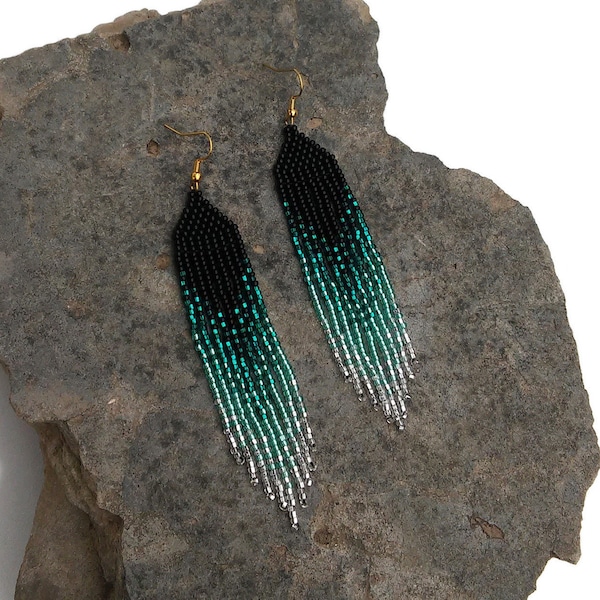 Emerald Green Statement Ombre Dangle earrings Native Gradient Sparkling Long Fringe earrings Gypsy Boho Seed bead Czech glass earrings