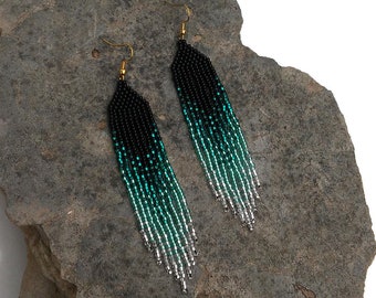 Emerald Green Statement Ombre Dangle earrings Native Gradient Sparkling Long Fringe earrings Gypsy Boho Seed bead Czech glass earrings